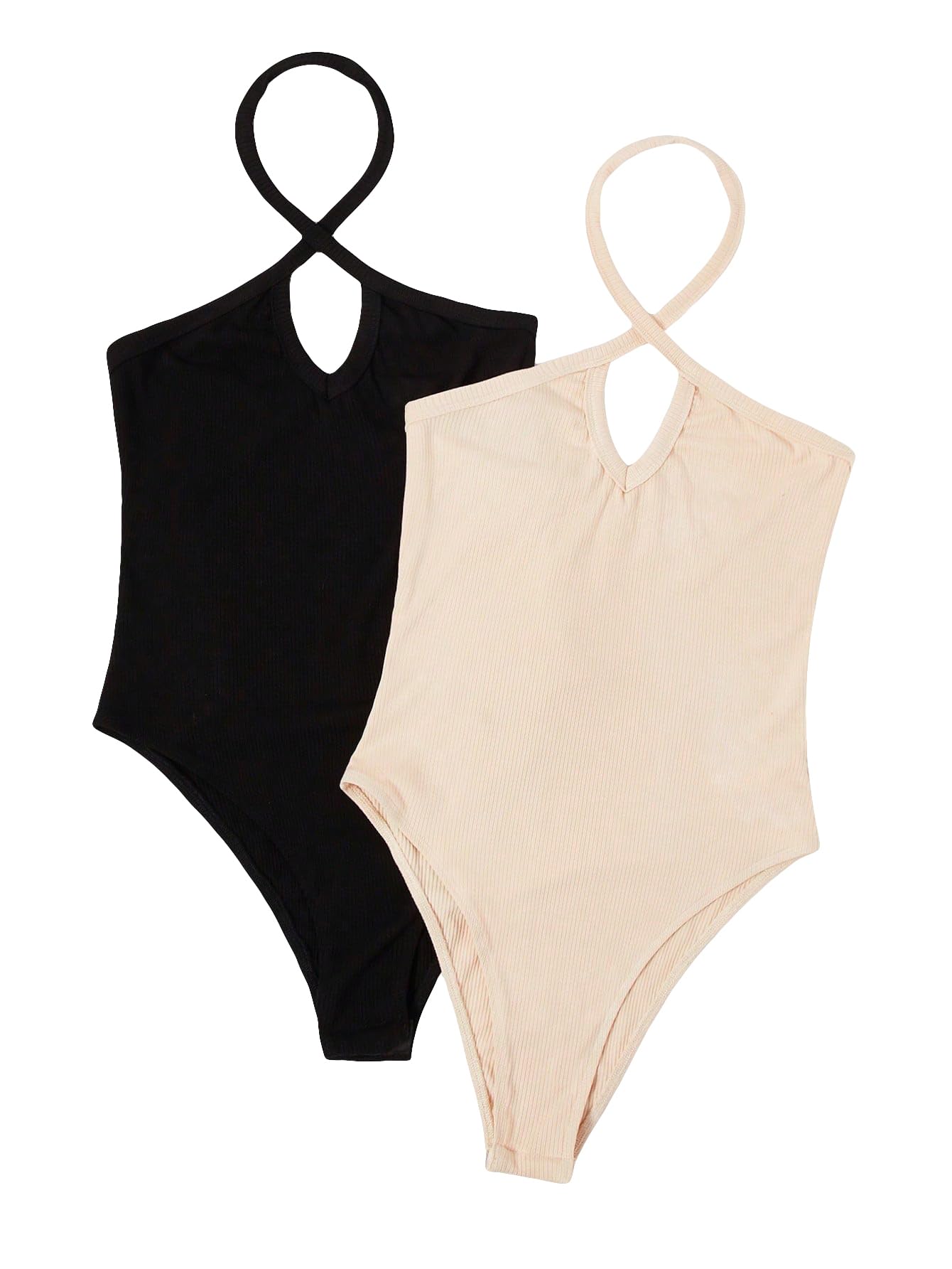 Photo 1 of WDIRARA Women's 2 Pack Cut Out Crisscross Halter Neck Sleeveless Rib Knit Skinny Bodysuit Tops Multicolor M