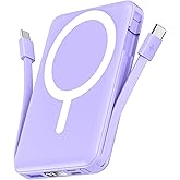 podoru for Magsafe Battery Pack, 10000mAh Magnetic Power Bank Built-in Double USB C Cables 22.5W PD Fast Charging LED Display Wireless Portable Charger for iPhone 17/16/15/14/13/12 Series-Purple
