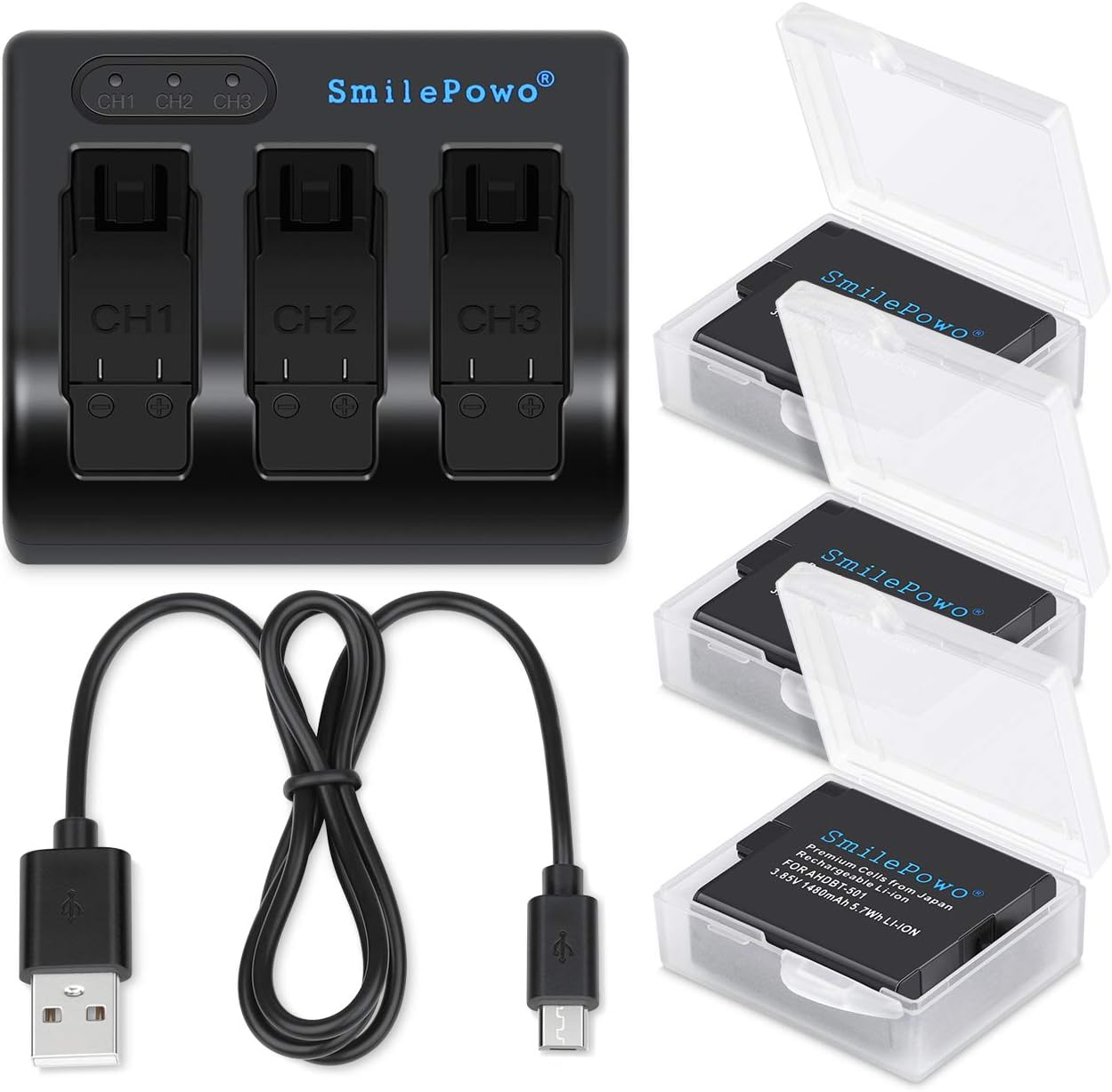 SmilePowo 2 Rechargeable Battery Dual LCD Battery Charger 1480mAh for GoPro Hero 5/6/7 Black, GoPro Hero 2018, GoPro Ahdbt-501 AABAT-001, GoPro 601-10197-000 (Compatible with Original Camera) : Camera & Photo