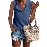 Famulily Women's Flowy Waffle Knit Tank Tops Loose Button Up V Neck Henley Shirts