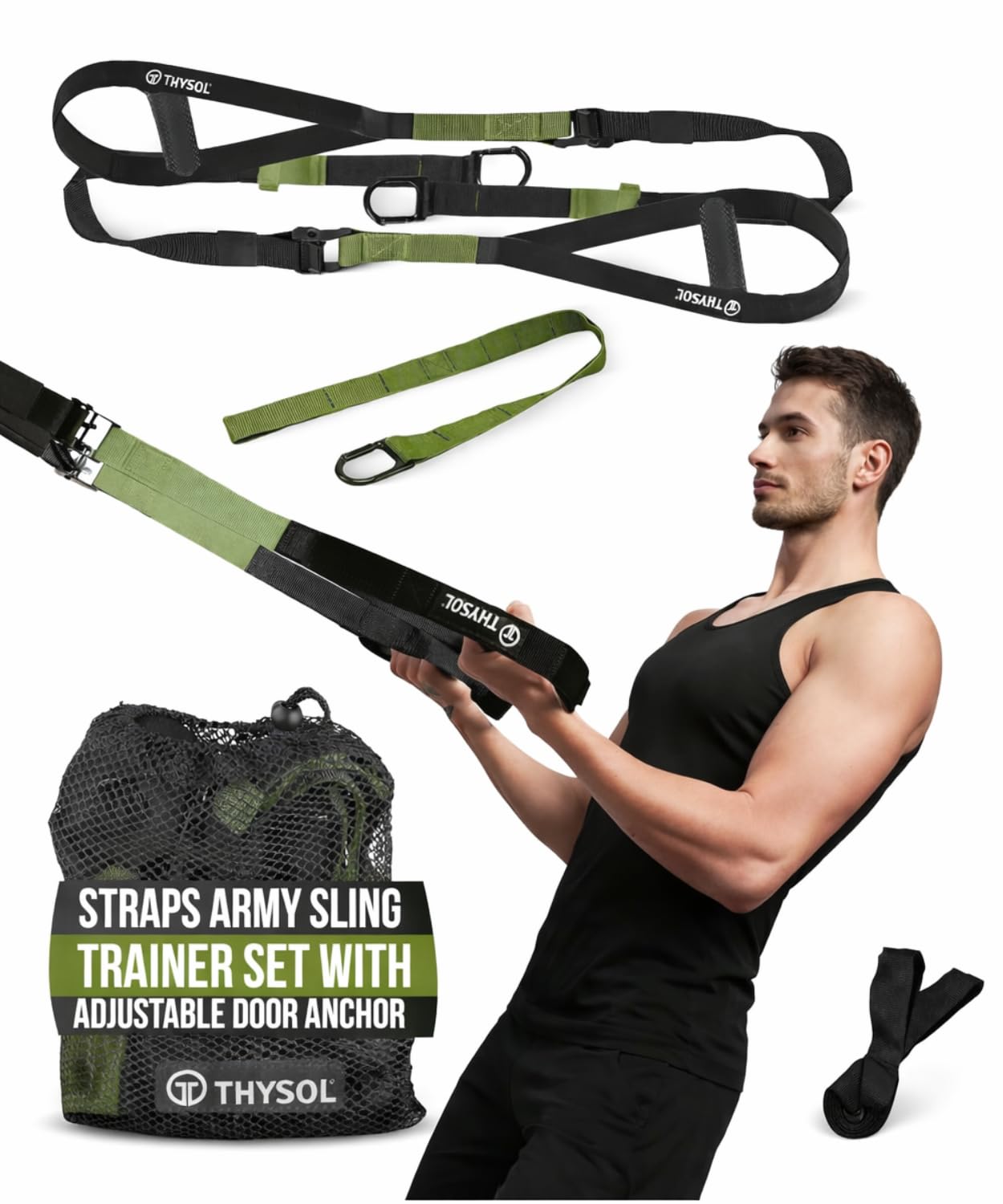 THYSOL® Suspension Trainer Army – Sling Trainer Set with Door Anchor – Portable Suspension Training Straps for Home Gym Equipment & Workout Set – Gym Straps for Indoor & Outdoor Training