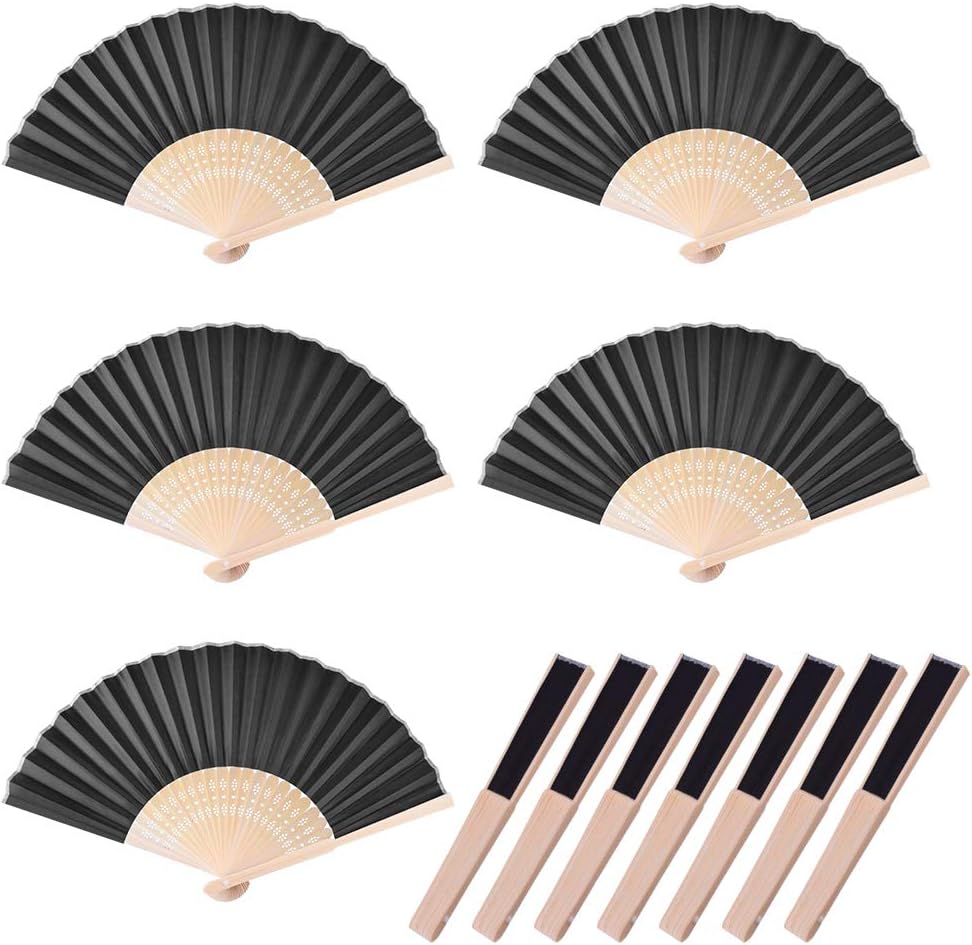 WXJ13 12 Pieces Black Bamboo Folding Fans Silk Cloth Fans for Decoration Handheld Fans with Yarn Bag