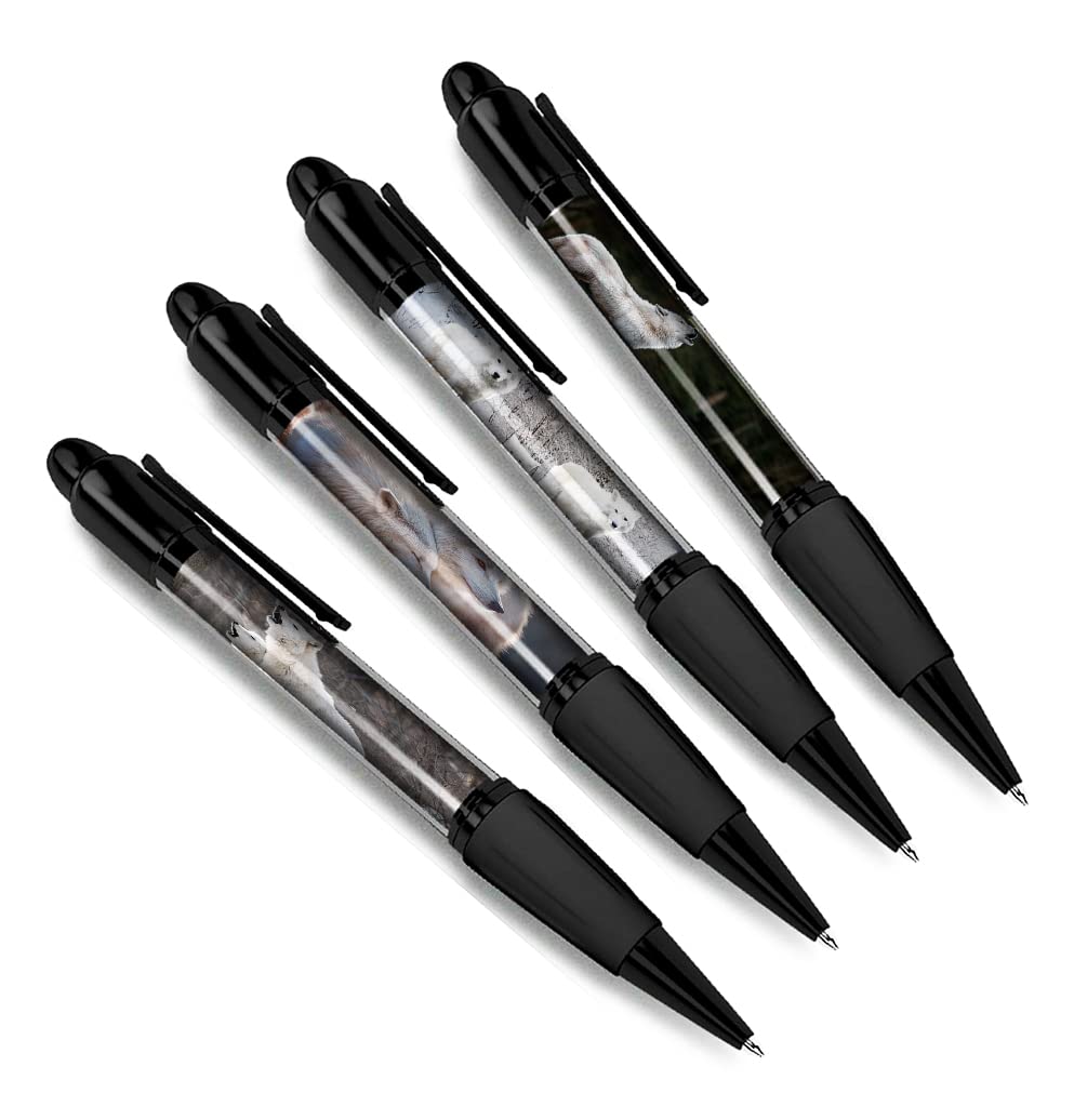 DV DESIGN Set of 4 Arctic Wolf Black Ballpoint Pens - Wolves Animal Wild Nature Wildlife American Pattern Boys Girls Men Women Theme Pen #79420