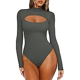 REORIA Women's Mock Neck Cutout Front Bodysuit Trendy Going Out Long Sleeve Body Suits Tops Fall Outfits 2025