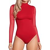MANGOPOP Women's Mock Turtle Neck Bodysuit Mesh Long Sleeve Body Suit Sexy Sheer Going Out Tops