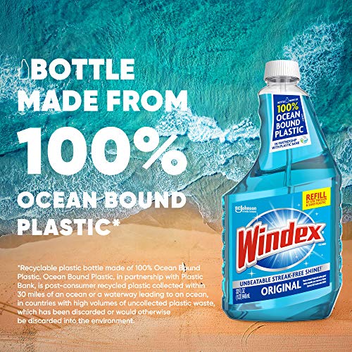 Windex Glass and Window Cleaner Refill Bottle, Bottle Made from 100% Recycled Plastic, Original Blue, 32 fl oz - Image 3
