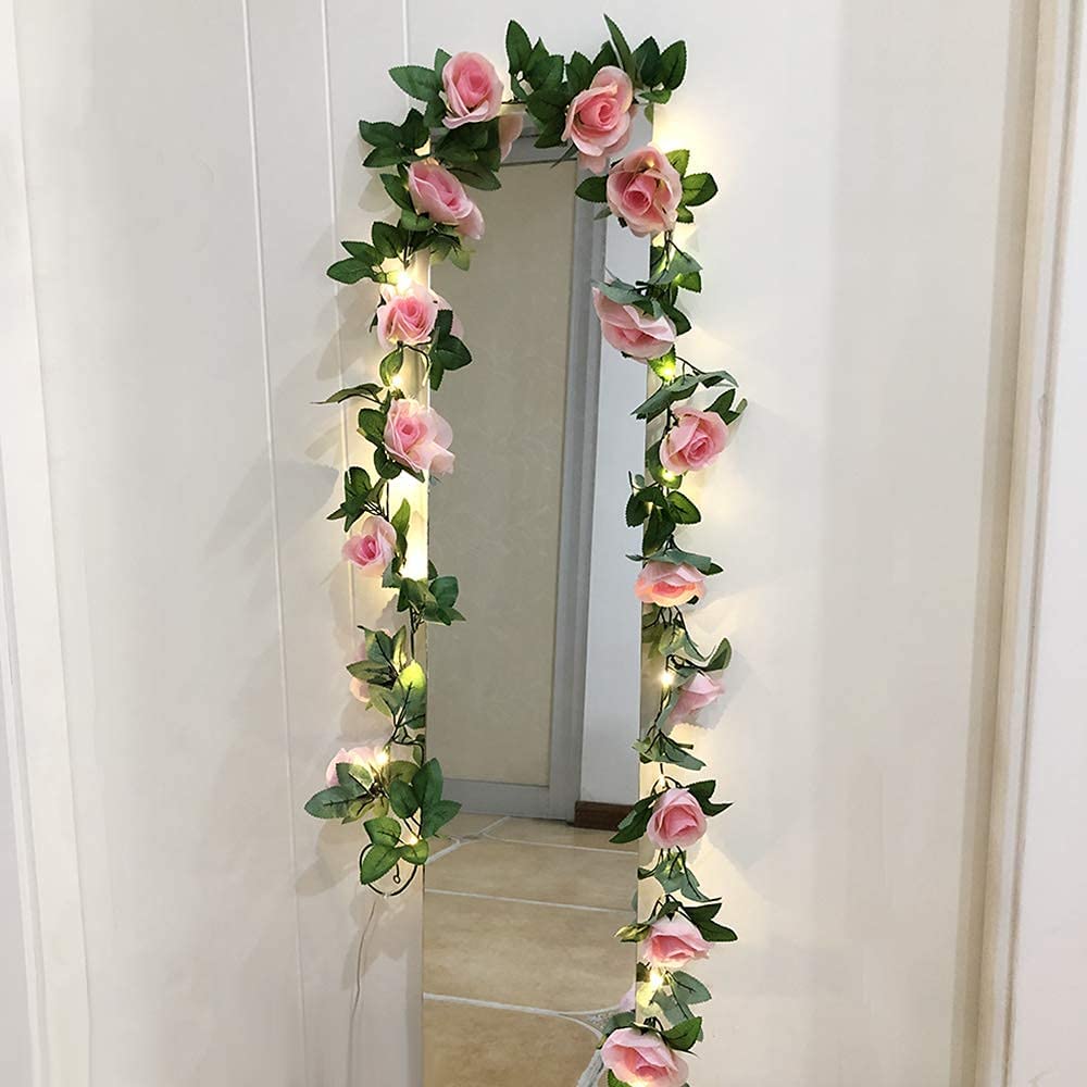 GUOCHENG Novelty 2.45M Rose Garland String Lights Artificial Flower Vine with LED Fairy Copper String Lights for Christmas Wedding Party Home Decorations-Pink