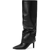 VIUGJNEX Knee High Boots Women Fold Over Boots Pointed Toe Stiletto Heel Long Shark Tall Boots with Zipper