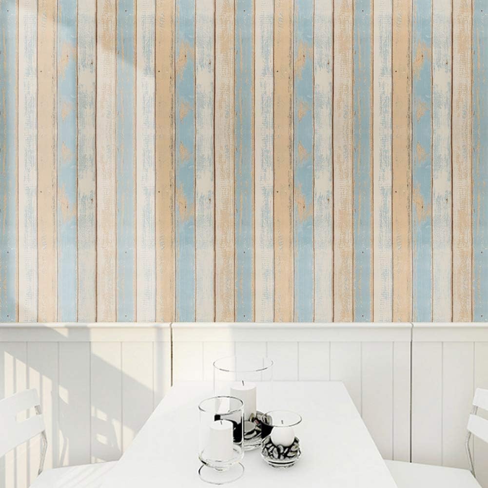 FENTIS Wood Panel Wallpaper for Kitchen Peel and Stick Wallpaper for Bathroom Brown and Blue Self Adhesive Contact Paper for Walls Living Room Wall Sticker for Door Worktop 44.5x1000cm - Image 4