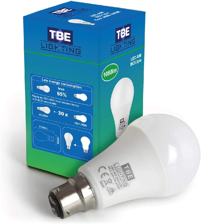 TBE LIGHTING BC3 3 PIN LED Bulbs, 3 Pack, 12w Non-DIMMABLE Energy Saving LED A60 Bulb, Cool White 4000K, 1100 Lumen Output - Image 3