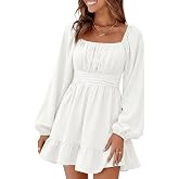 Dokotoo Womens Dress Lantern Sleeve Elastic Waist Tie Backless Mini Dress | Square Neck,Off Shoulder,Flowy,Ruffle A-Line,Casual,Mini Dress,Beach Vacation Clothes,Fall Outifits,Wedding Guest,Boho