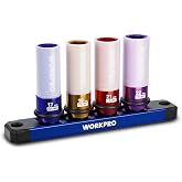 WORKPRO 1/2" Drive Lug Nut Impact Duty Socket Set | 4 Pieces 17-19-21-22mm Deep Thin Wall Socket Set, Made of Premium Cr-Mo Steel, Non-Marring Lug Nut Wheel Sockets for Car