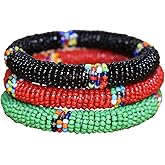 Tembo Crafts Africa - Set of 3 Handmade Bangles for Women - Beaded Bracelets - Boho Jewelry Gifts - Red Green Black - Handmade From Africa