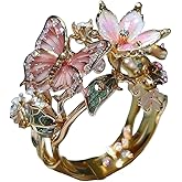Butterfly Flower Ring for Women Enamel Flower Butterfly Finger Ring with Adjustable Opening Pink Ring Sparkling Fashion Flower Ring Christmas Birthday Party Prom Clothing Jewelry