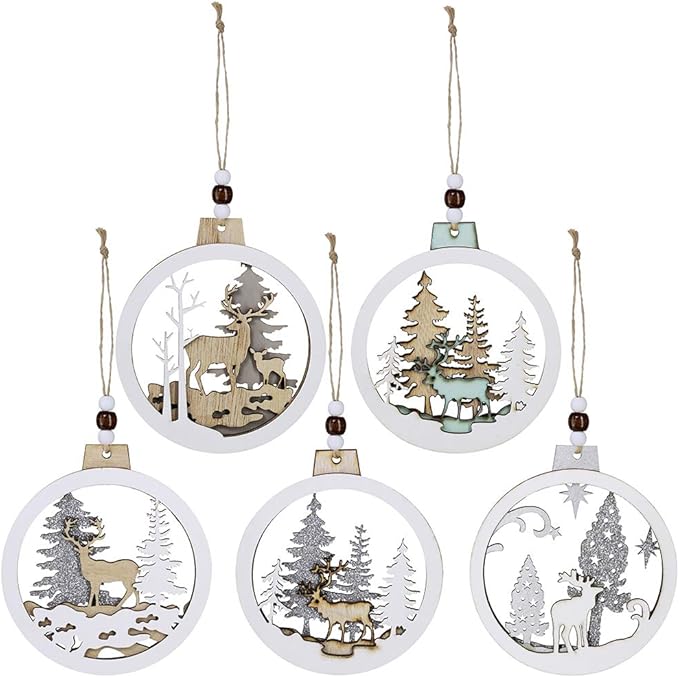 5 Pcs Christmas Hanging Wooden Ornament Hollow Fretwork