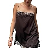 Women Satin Tops Slik Lace Patchwork High Low Square Neck Spaghetti Strap Tank Top Cami Lace Tunic Undershirt