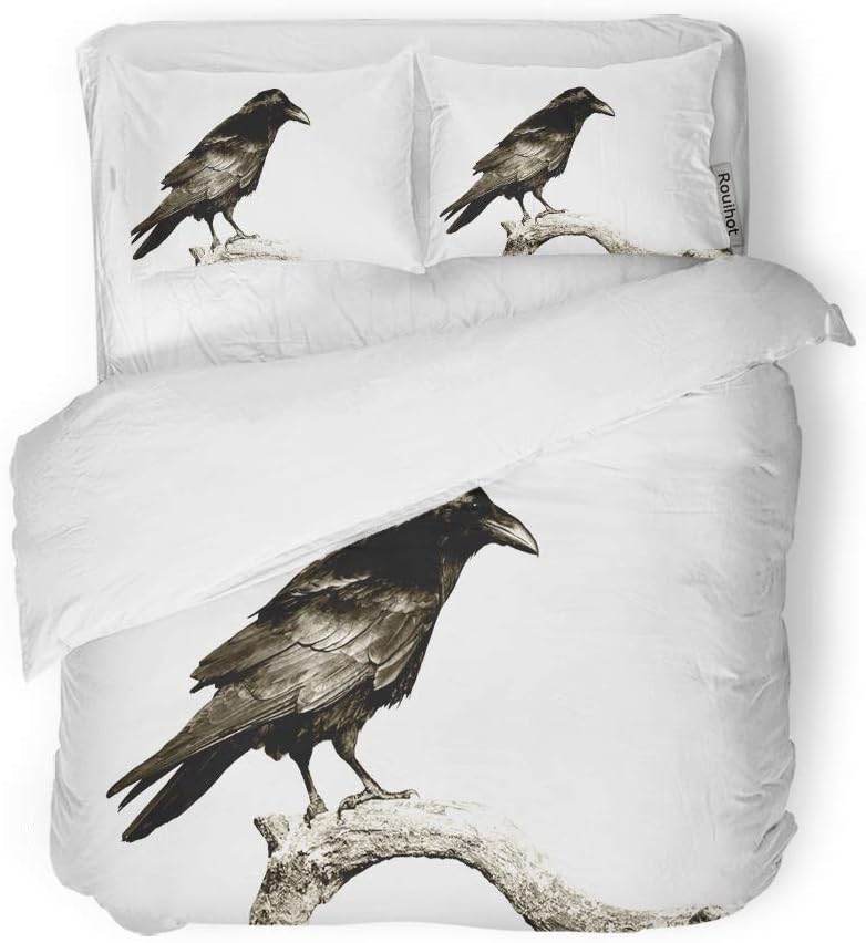 rouihot Duvet Cover Set King Size Black Birds Perched Common Raven Corvus Corax Halloween Crow 3 Piece Microfiber Fabric Decor Bedding Sets for Bedroom