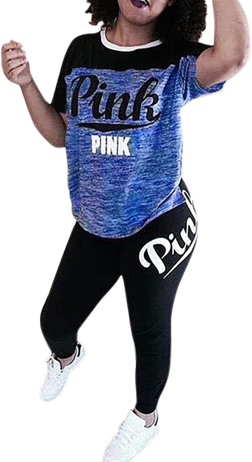 Tomwell Women 2 Pieces 'Pink' Letter Print Tracksuit Set Short Sleeve Crop + Jogger Long Pant Outfits Sportswear