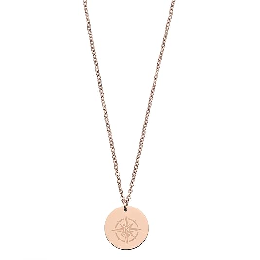 Kistanio Elegante Damenhalskette aus Edelstahl mit Gravur in 2 Farben, Kompass Coin Anhänger, Verstellbar von 45-50cm, Silber