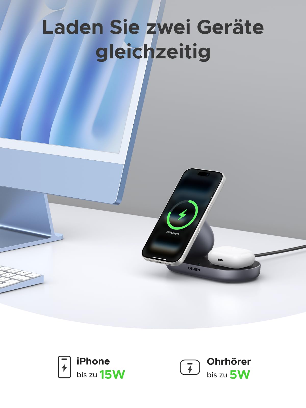 UGREEN Zapix 2-in-1 Magnetisches Kabelloses Ladegerät 15W, Qi2 zertifizierte iPhone Ladestation kompatibel mit MagSafe für iPhone 17/16/15/14/13/12 Serie & AirPods, mit 1M Kabel - Schwarz 3