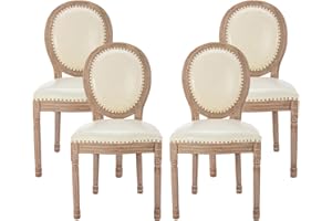 Nrizc French Country Dining Chairs Set of 4, Leather Farmhouse Dining Room Chairs with Round Back, Solid Wood Legs, Oval Side Chairs for Kitchen, Bedroom, Dining Room