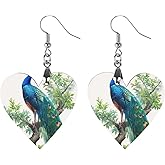 Peacock Standing on A Branch Women's Wooden Pendant Earrings Dangle Jewelry Fashion Accessories for Party