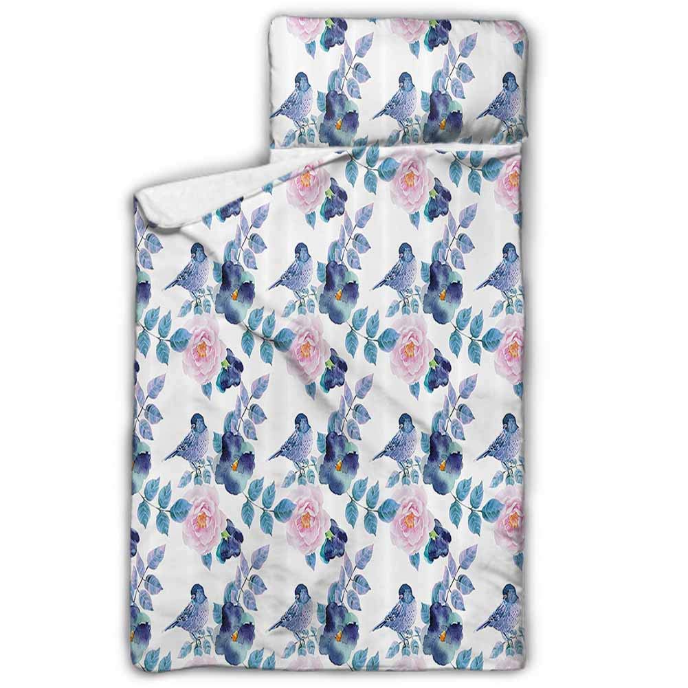 Animal Children's Mattress Spring Birds Sparrows with Branches Watercolor Leaves Artwork Soft Microfiber 43"x21" Sky Blue White and Royal Blue