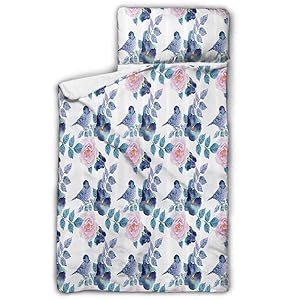 Animal Children's Mattress Spring Birds Sparrows with Branches Watercolor Leaves Artwork Soft Microfiber 43"x21" Sky Blue White and Royal Blue