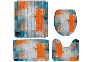 ZNLSU 4 Pcs Turquoise Gray Orange Shower Curtain Sets Burnt Blue Teal Orange and Gray Abstract Brushstrokes Painting Modern Art Bathroom Curtain,29.5"x 17.8" Bath Mat,Toilet Seat Cover, U-Shaped Rug