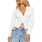 Women Y2K Slim Fit Button Up Shirt Sexy Long Sleeve V Neck Solid Color Crop Blouse Casual Aesthetic Preppy Streetwear