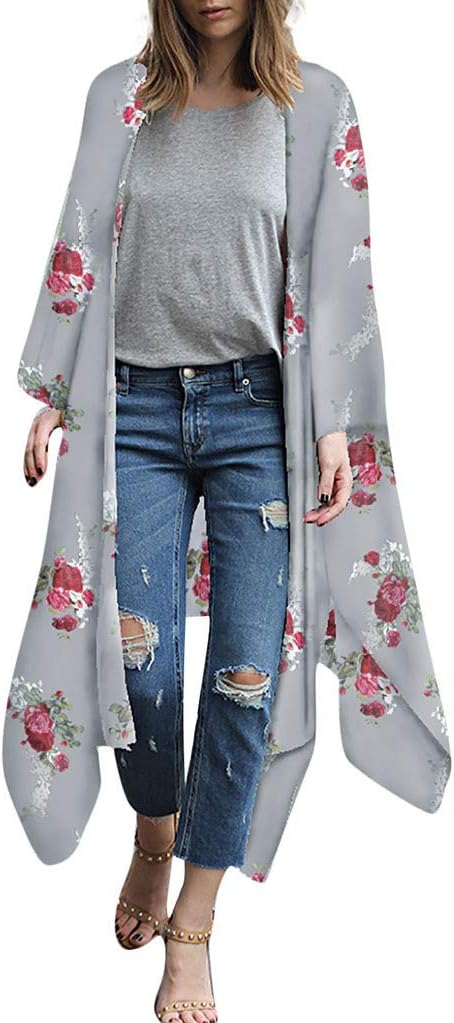 NPRADLA Women Floral Print Chiffon Loose Shawl Kimono Cardigan Top Cover Up Shirt Blouse