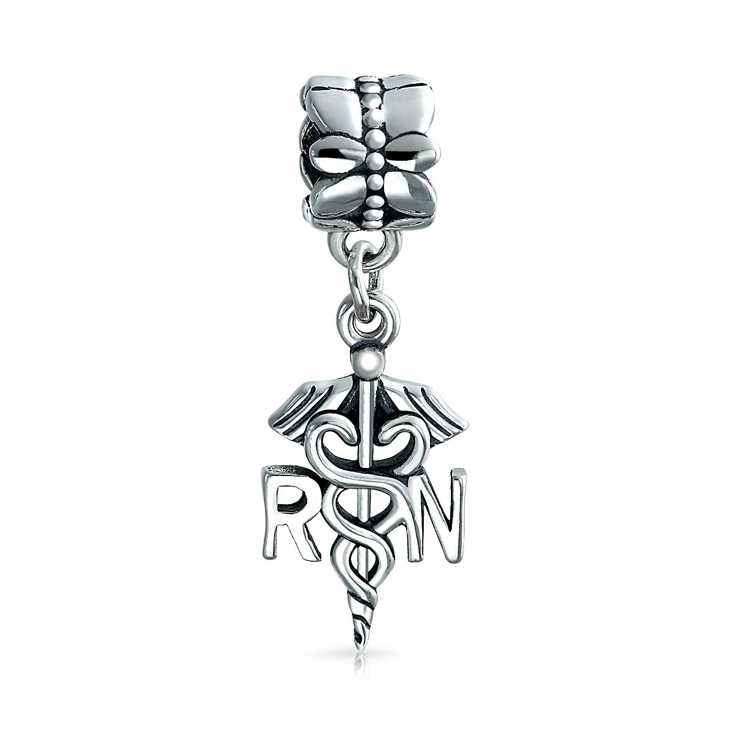 Bling Jewelry RN Nurse Hat Nursing Caduceus Dangle Bead Charm For Women Graduate Oxidized .925 Sterling Silver Fit European Bracelet