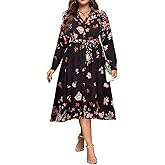 RITERA Plus Size Dresses for Curvy Women Long Sleeve Midi Casual Shirt Dress V Neck Button Down Work Dress with Pocket XL-5XL