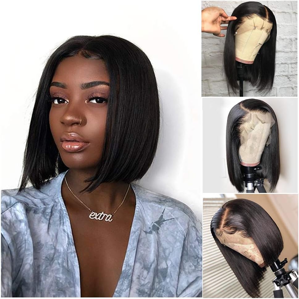 Bob Wig, Short Black Bob Lace Front Wig Human Hair for Black Women, VIPbeauty 130% Density Brazilian Straight Human Hair Glueless Middle Part Bob Wigs Pre Plucked with Baby Hair(8", Nature Color)