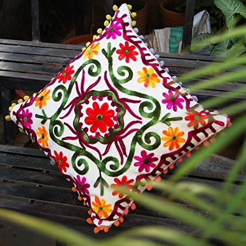 Craftofpinkcity Indian Handmade Suzani Square Cushion Cover Throw Hand Embroidered Pillow Case Decorative Cushion Cover 16''