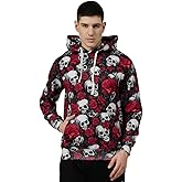 Go Devil Men's Printed Graphic Skull with Rose Hooded Red Black Pullover Sweatshirt Unisex Hoodies with Kangaroo Pocket