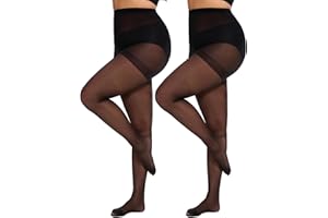 Citystl 2 Pairs Plus Size Sheer Tights for Women - 20D Black Tights Control Top Pantyhose with Reinforced Toes, Supple Feel