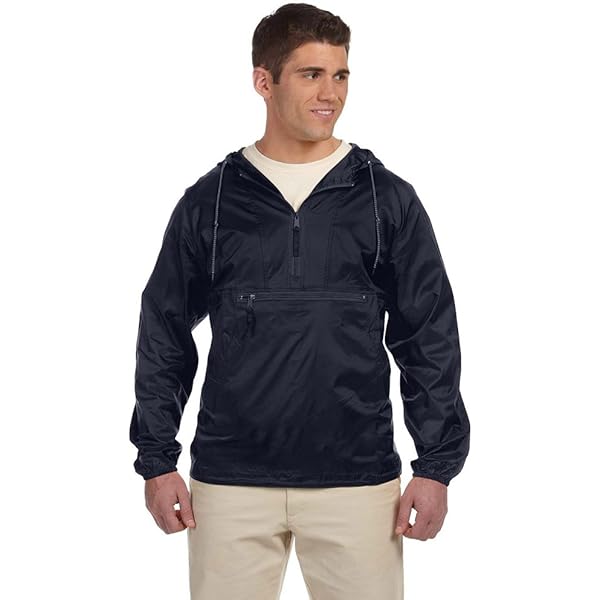 Harriton Men's Nylon Packable Pullover Hooded Jacket, NAVY, X
