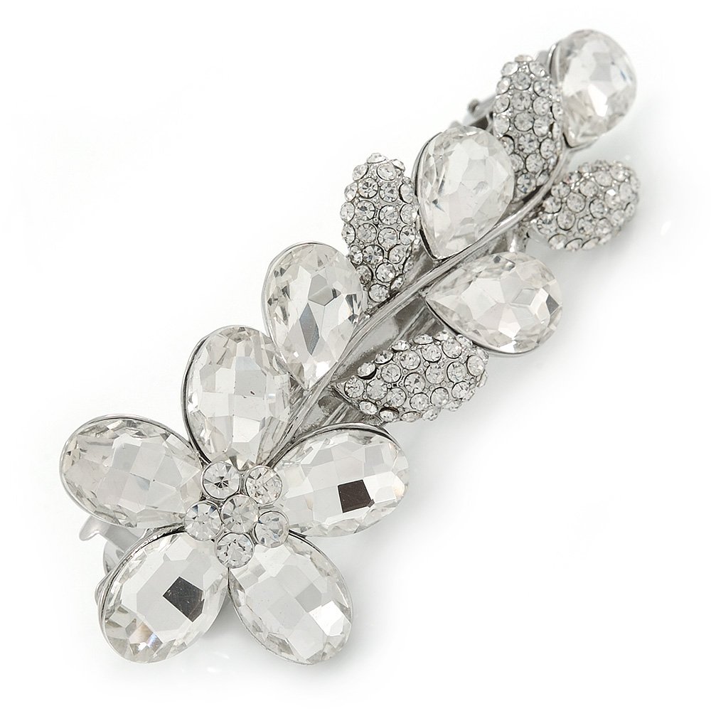 Bridal Wedding Prom Rhodium Plated Clear Austrian Crystal Floral Barrette Hair Clip Grip - 85mm Across