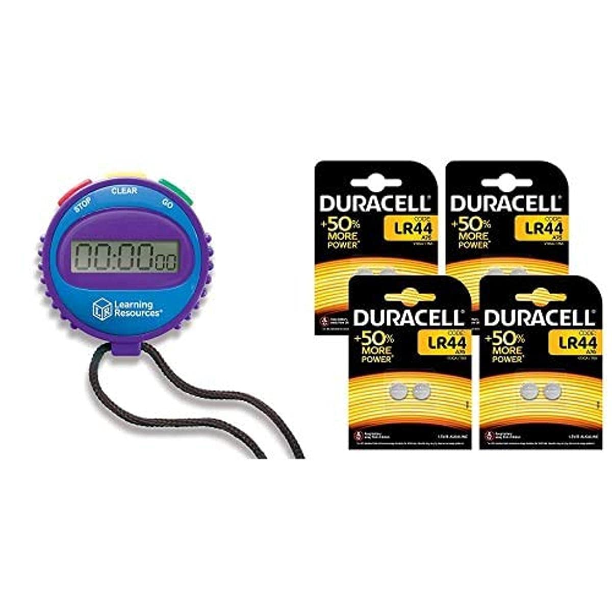 Learning Resources Simple Stopwatch + Duracell Specialty LR44 Alkaline Button Battery 1.5 V, Pack of 8 (76A/A76/V13GA)