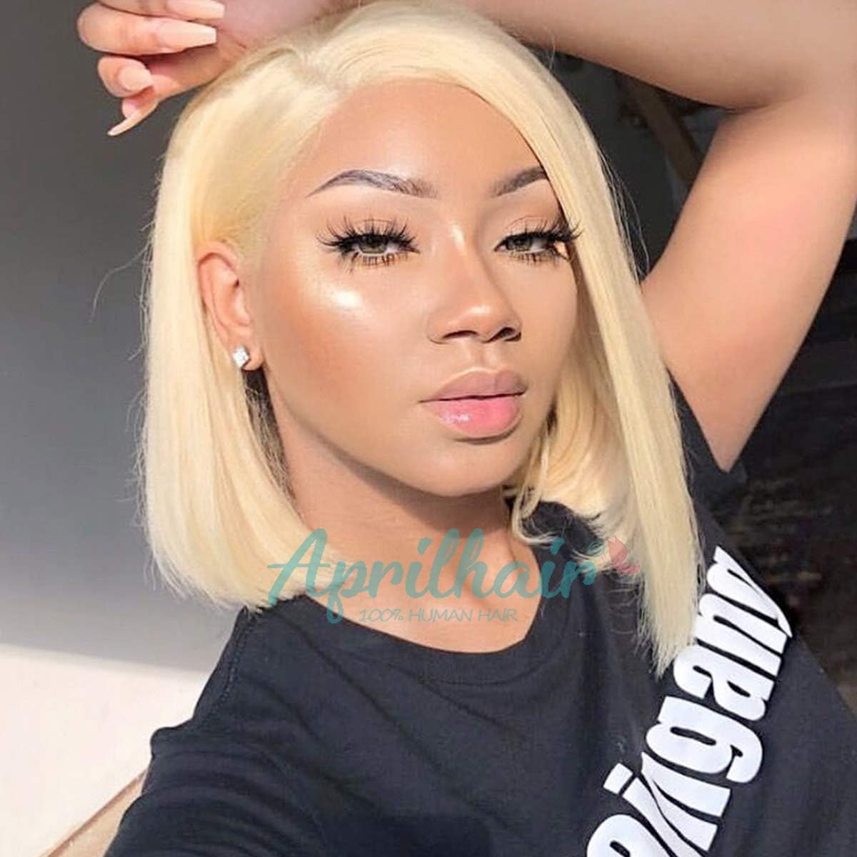 Aprilhair Pre-plucked #613 Platiunm Blonde Bob Lace Front Wigs Straight Glueless 130% Density Short Cut Brazilian Virgin Human Hair With Baby Hair Free Part (10 inch)