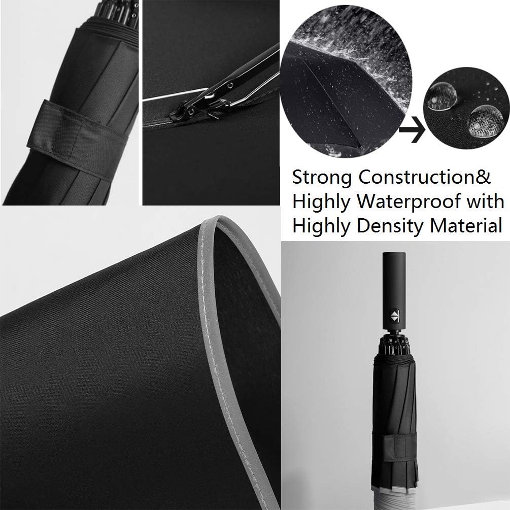10 Ribs Inverted Folding Umbrella Windproof Travel Portable Reverse Umbrella with Reflective Stripe Auto Open and Close for Women Men Travel Outdoor (Black) - Image 4