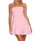 Navonta Womens Summer Sexy Strapless Tube Dress Flowy Ruffle Layer Mini Dress Off Shoulder Backless Tiered Short Dresses 2025 Pink