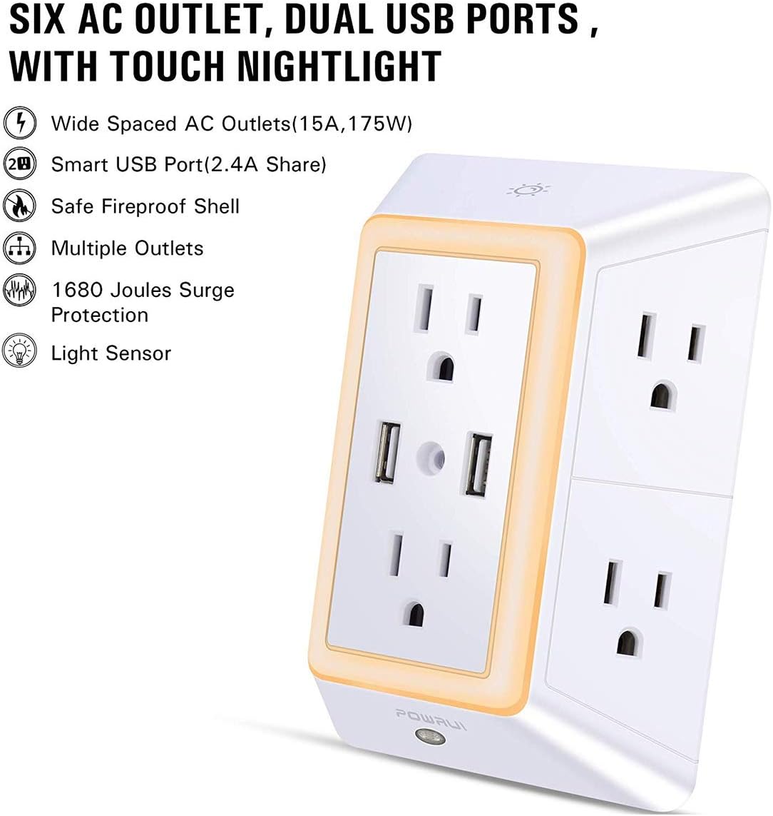 USB Wall Charger, Surge Protector, POWRUI 6-Outlet Extender with 2 USB Charging Ports (2.4A Total) and Night Light, 3-Sided Power Strip with Adapter Spaced Outlets - White，ETL Listed: Electronics