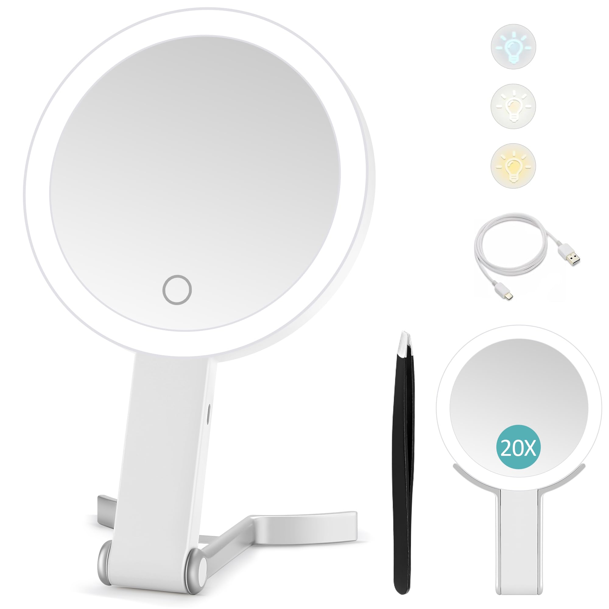 Travel Mirror with Light,Double-sided 20x/1x Magnifying Makeup Vanity Mirror,Rechargeable Adjustable Brightness 3 Colour Lighting,Folding,Handheld/Hangable/Tabletop,3 ways Using Mirror,White — image 1