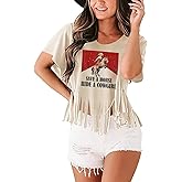 Vintage Cowboy T-Shirt Women Country Concert Fringe Tassel Tops Retro Western Cowgirl Shirt Casual Short Sleeve Tee