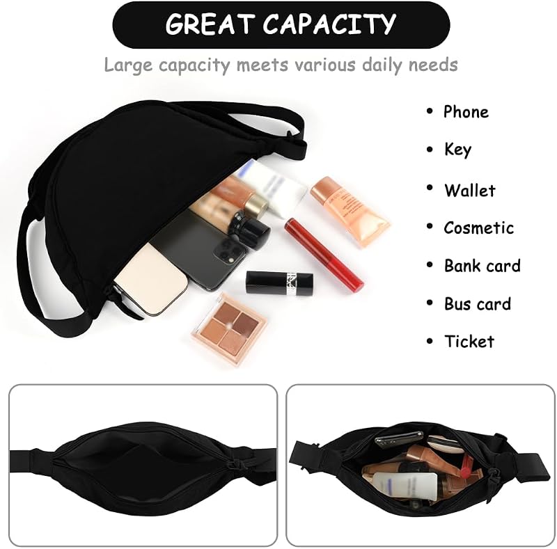 Mala Crossbody de Mulher, Half Moon Waterproof Nylon Crossbody Backpack, Mala Casual Leve Crossbody para mulheres com alça ajustável, para viagens, compras, escola, escritório - Preto