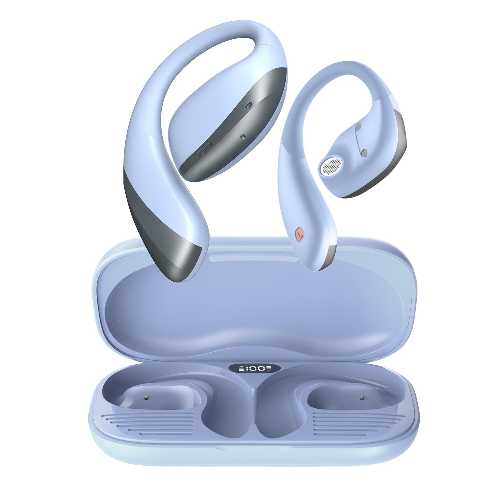 Haowolf Open Ear Headphones, Bluetooth 5.4 True Wireless Earbuds Air Conduction Headphones with Mic Clear Calls, Comfort Fit Over Ear Headphones with Ear Hooks, 56H Playtime, IPX6 for Sport, Blue