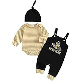Gueuusu My First New Year Baby Boy Outfit Newborn Striped Long Sleeve Romper Top Embroidery Suspender Pants with Hat Set