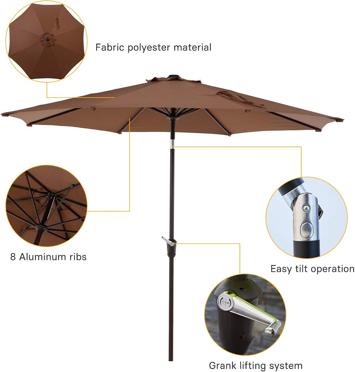 Amazon Com Grand Patio 9 Ft Outdoor Market Umbrella With Push Button Tilt And Crank Lift Aluminum Pole With 8 Ribs And Vented Canopy No Base Coffee Clothing